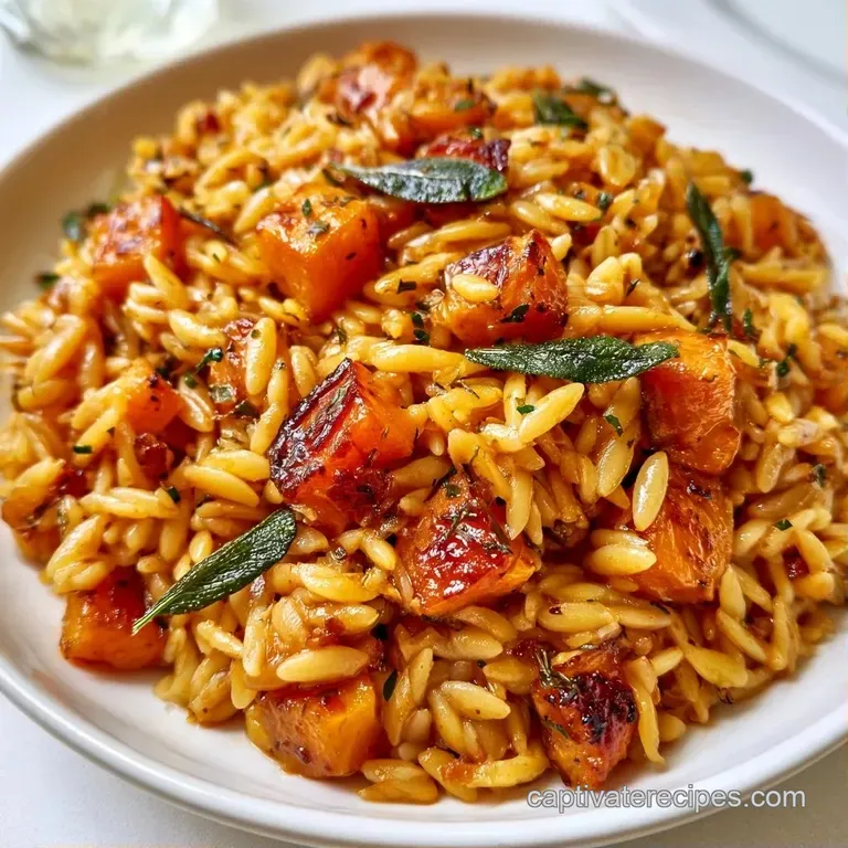 Golden pasta pearls and roasted orange squash cubes elegantly plated with a drizzle of nut-brown butter and herbs.
