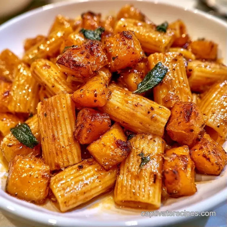 Elegant swirls of golden pasta mixed with roasted orange squash, garnished with toasted sage on a matte plate.