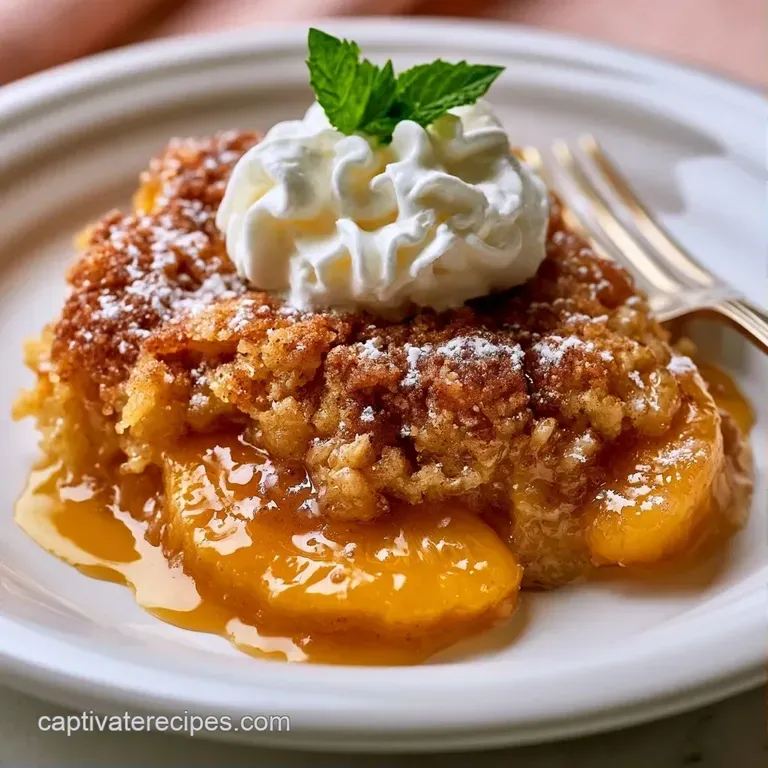 A warm slice of fruit cobbler topped with a melting scoop of vanilla ice cream on a white ceramic dessert plate