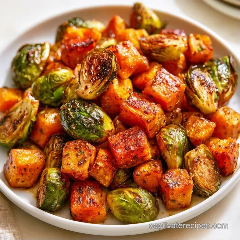 A vibrant platter of roasted orange squash, charred green sprouts, and white feta crumbles with toasted walnuts