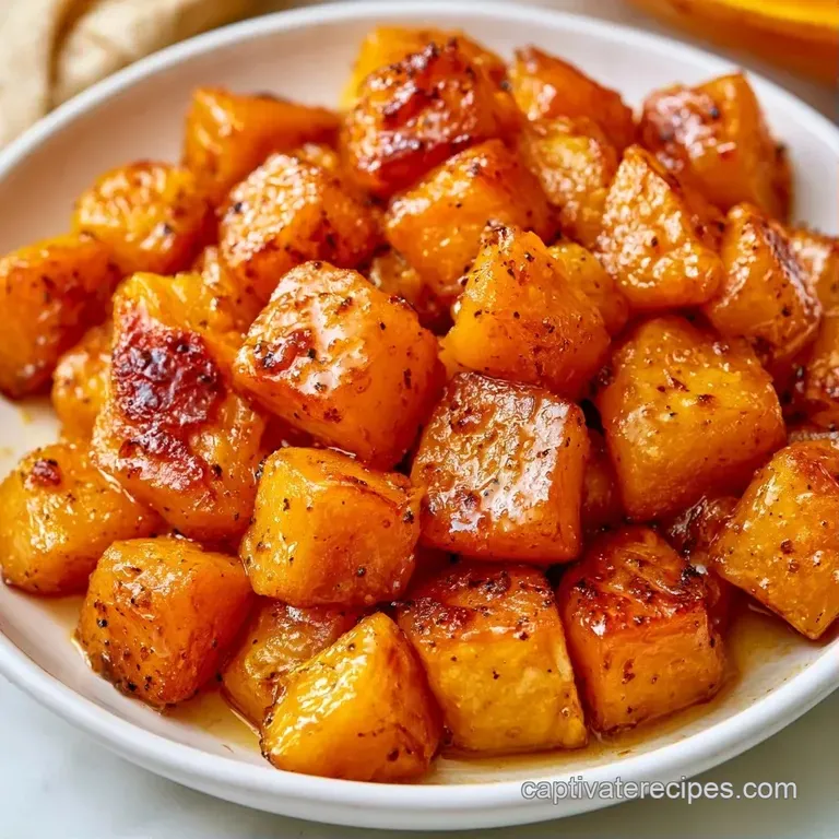 A creamy orange scoop of roasted squash topped with crisp herbs on a matte black plate with a drizzle of brown butter.