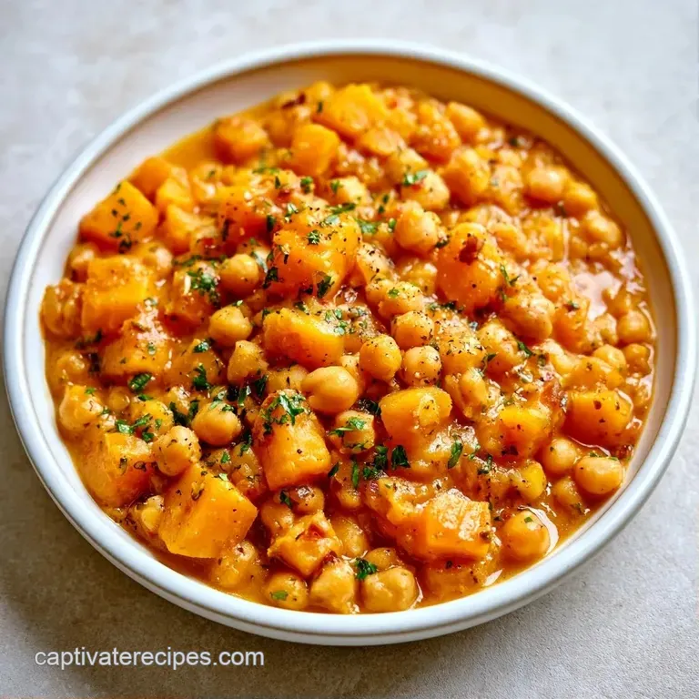 Vibrant orange root vegetable stew in a white bowl, garnished with fresh parsley and served with warm pita bread.