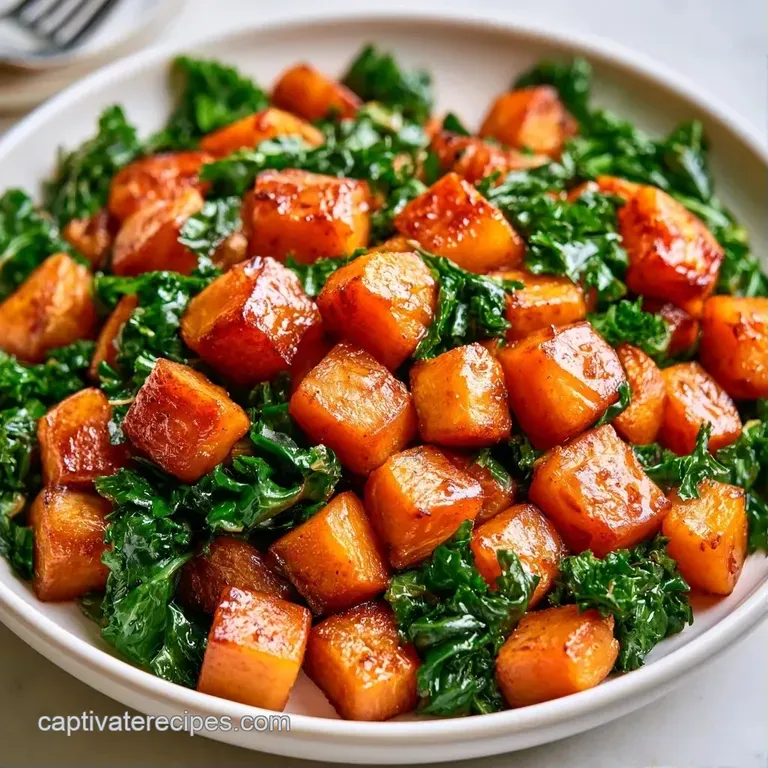 A ceramic bowl filled with saut&eacute;ed orange squash and wilted dark greens, garnished with toasted sesame seeds.