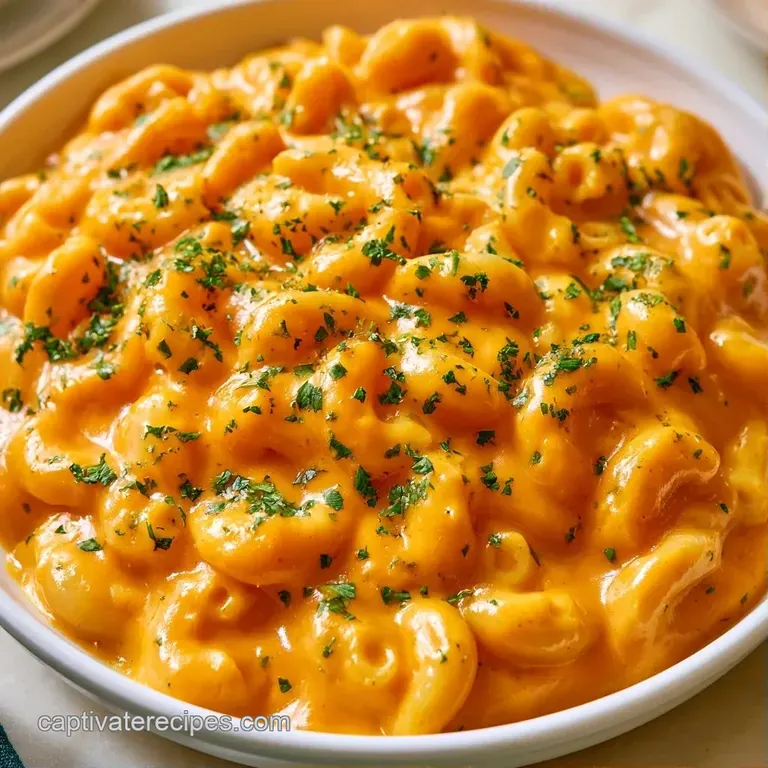 A sleek white bowl of velvety orange pasta topped with toasted breadcrumbs and a sprig of fresh, aromatic sage.