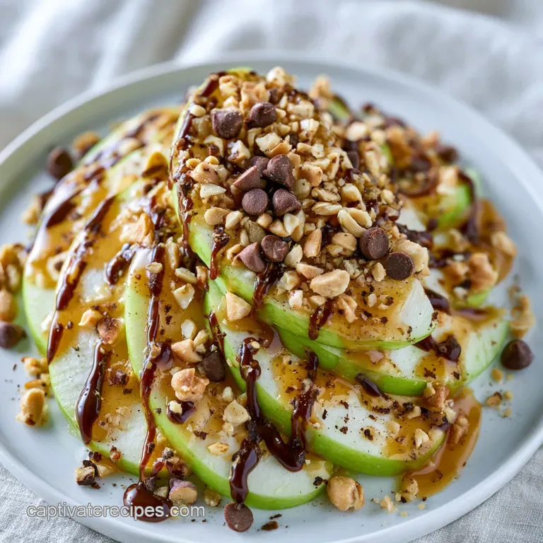 Fan of tart green apple slices drizzled with golden caramel and sprinkled with crushed nuts on a slate platter.