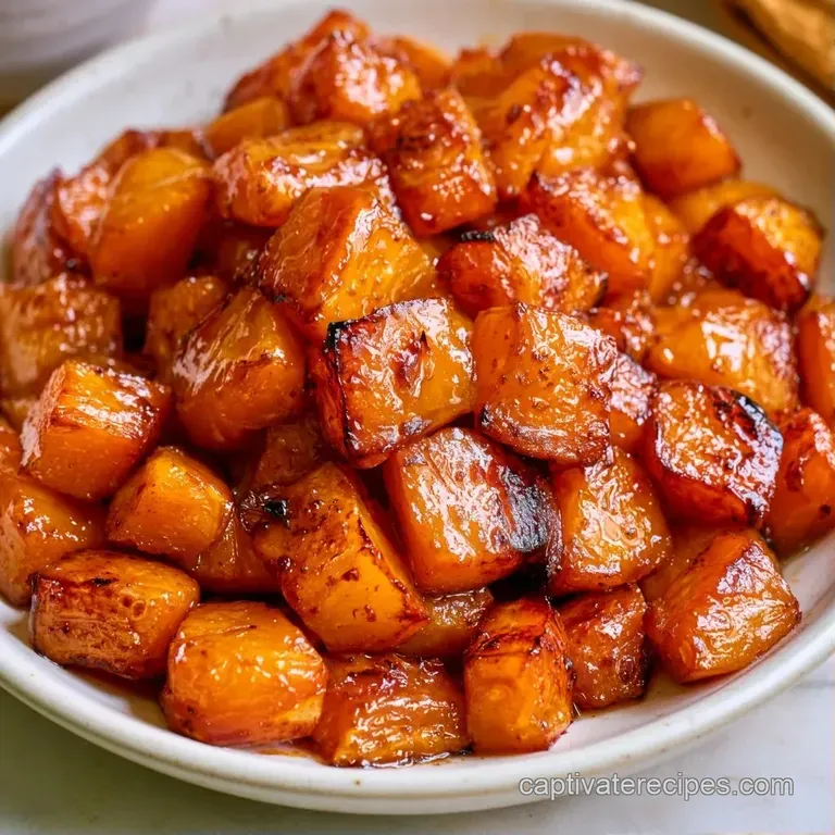 Glazed orange vegetable cubes piled high on a white plate, accented by a sprig of fresh rosemary and cracked pepper.