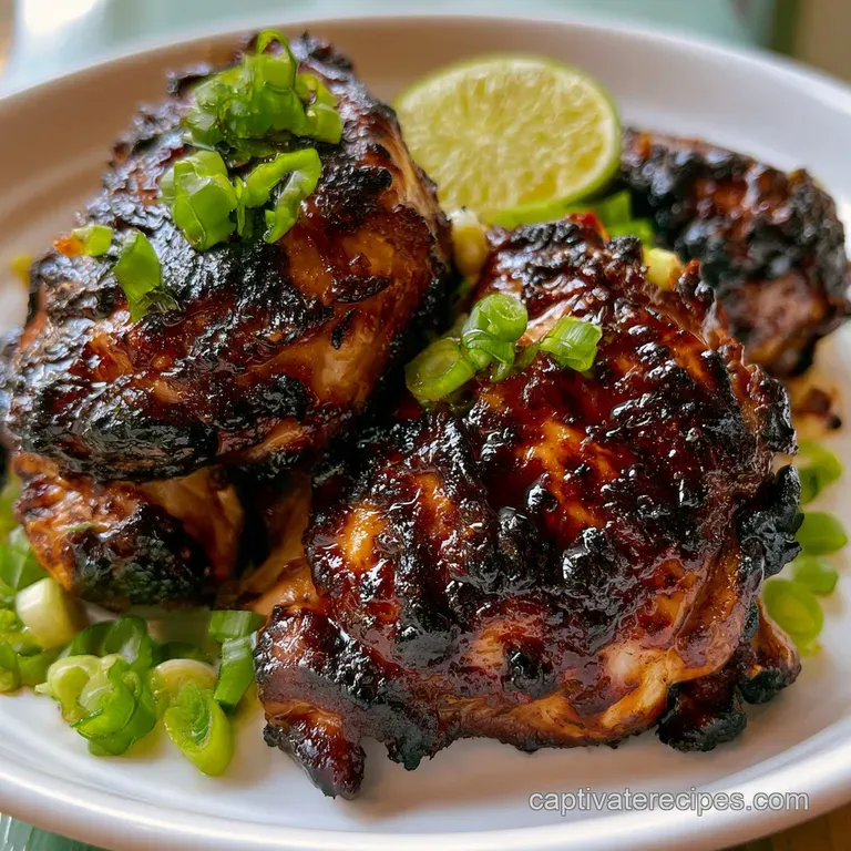 Perfectly grilled chicken thighs on a ceramic plate with bright pineapple chunks and a fresh lime wedge garnish.