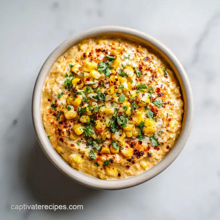 A generous scoop of the creamy corn dip, topped with crumbled cotija cheese and a sprig of cilantro.