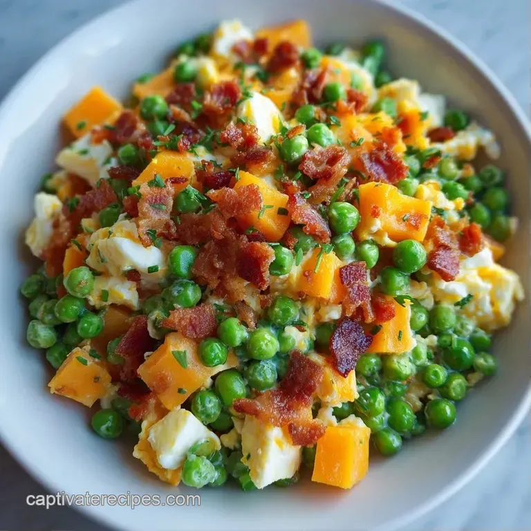 Vibrant green peas and sharp orange cheese cubes tossed in a creamy dressing, served in a modern white bowl.