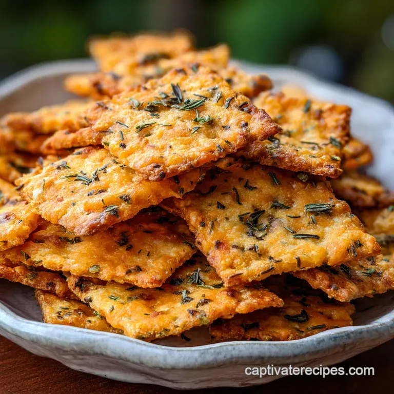 Stacked cheddar herb crackers with rosemary sprigs on a linen napkin; hints of sharp cheddar & flaky crispness.
