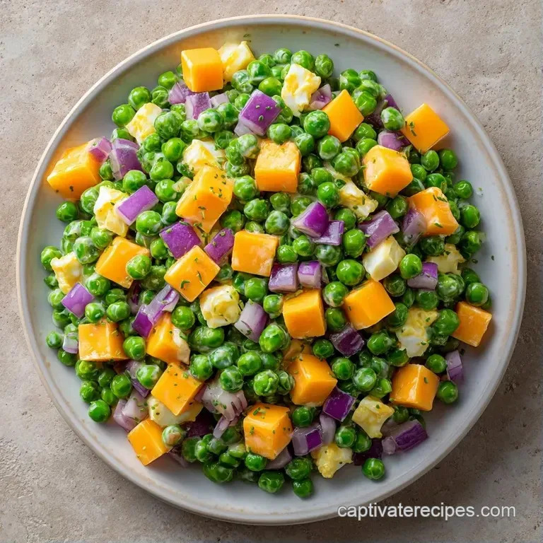 Vibrant green pea salad in a white ceramic bowl, garnished with a sprinkle of paprika and a sprig of fresh dill.