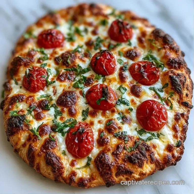 Crispy flatbread slices on a rustic wooden board with melted white cheese, red tomato halves, and green basil.