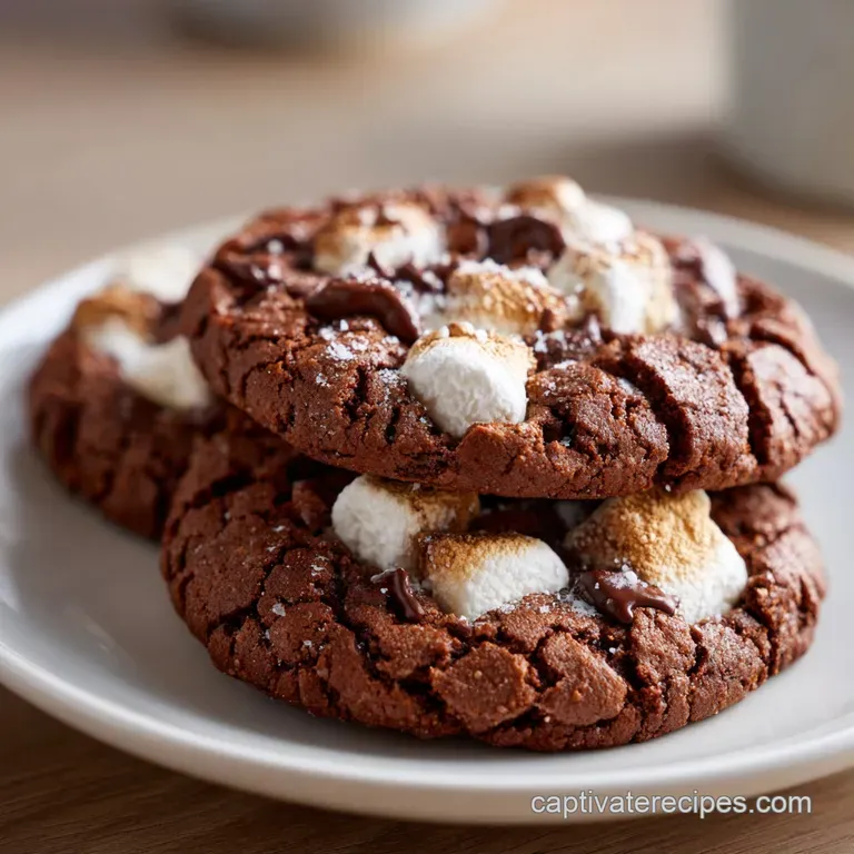 Stack of three rich, dark hot chocolate cookies on a white plate with a light dusting of powdered sugar, inviting treat.