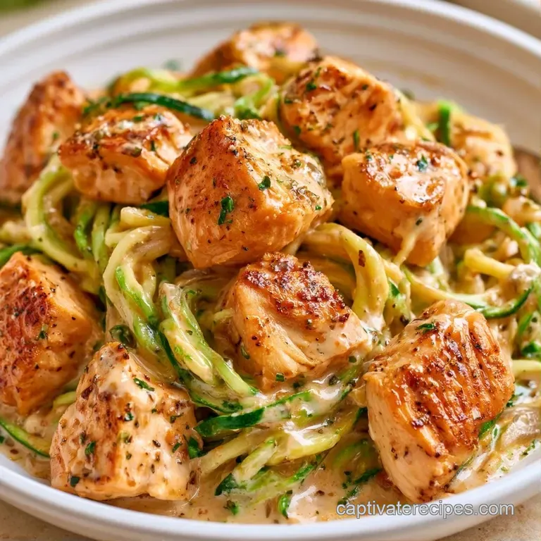 Elegant white bowl of glossy green spirals coated in velvety white sauce, topped with sliced chicken and black pepper.