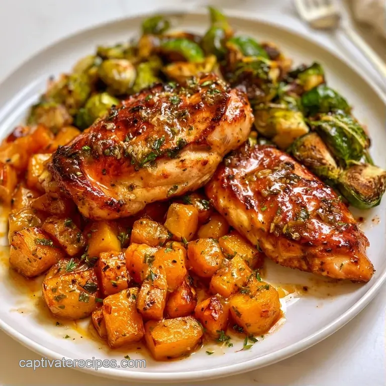 Searing chicken and vibrant orange squash cubes arranged on a white plate with a drizzle of glossy savory sauce.