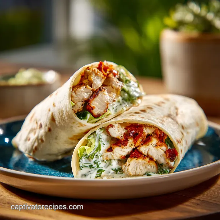 Chicken Caesar wrap on a white plate, cut to show creamy filling. Toasted wrap edges complement the vibrant green lettuce.