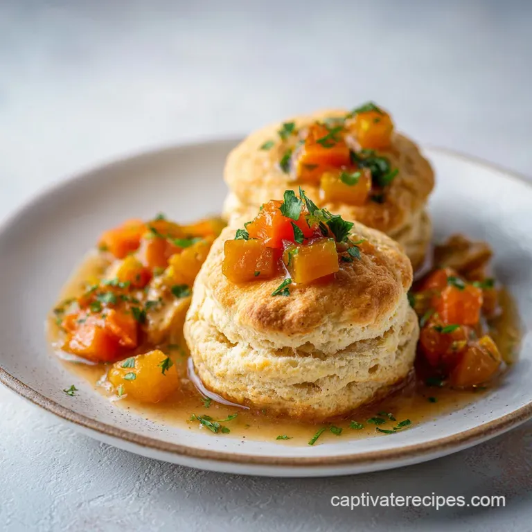 Elegant serving of fluffy golden dumplings in a rich cream sauce, plated in a shallow bowl with fresh herbs.