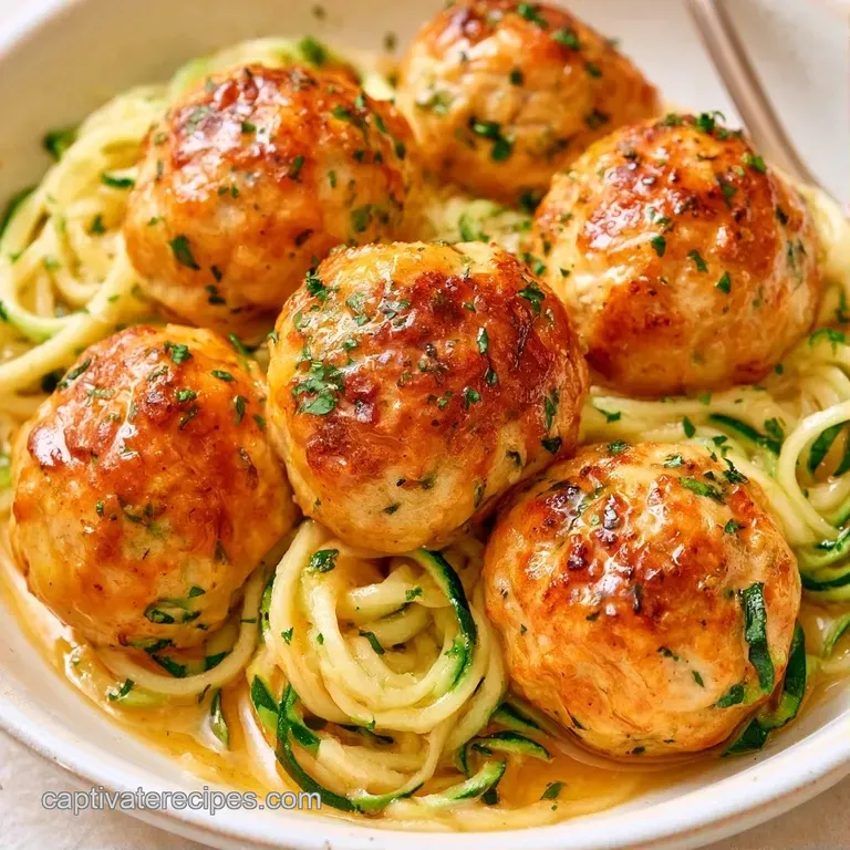 A white ceramic bowl filled with vibrant green zucchini noodles and seared meatballs, dusted with grated cheese.