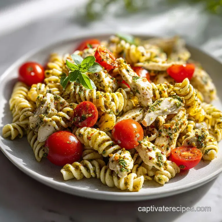 A twirl of pesto pasta salad, studded with juicy tomatoes and chicken, elegantly plated with a fresh basil sprig for garnish.