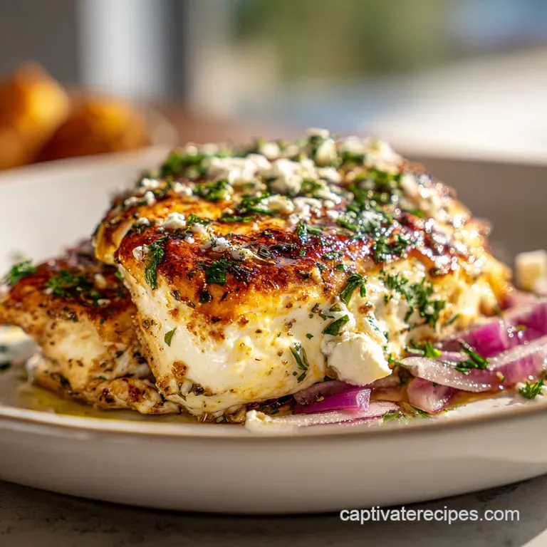 Plated chicken saganaki; rustic dish with a creamy feta topping, bright sauce, and fresh herbs, steaming gently.
