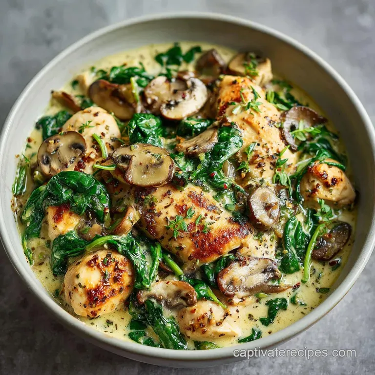 A generous portion of creamy chicken, spinach, and mushroom casserole artfully plated with fresh herbs.