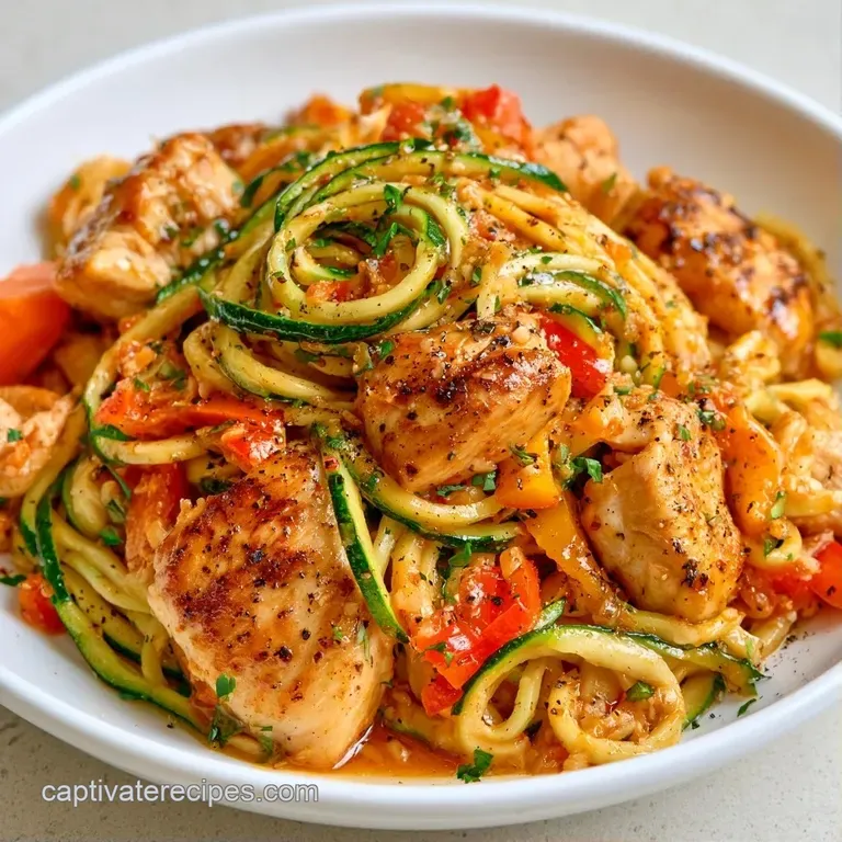 Swirled green zucchini ribbons topped with colorful bell peppers and toasted sesame seeds on a white ceramic plate.