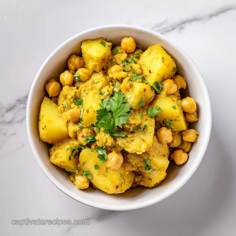 A bowl of golden chickpea and potato curry served with fluffy white rice and a swirl of creamy white yogurt.