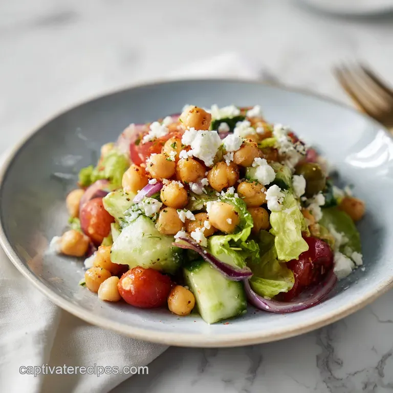 An artfully arranged chickpea avocado feta salad in a white bowl, dotted with fresh parsley.