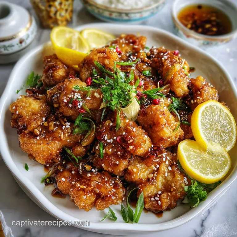 Elegant plate featuring crispy lemon chicken with a tangy glaze, paired with fluffy white rice and vibrant green broccoli ...