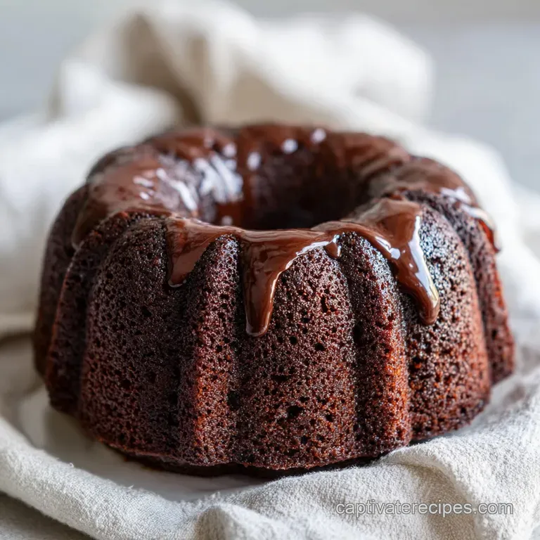 Slice of moist chocolate cake on a white plate, glistening with a chocolate glaze; fork resting beside, ready to be enjoyed.