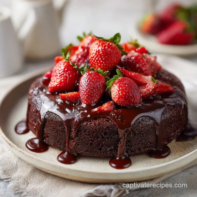 Slice of rich chocolate cake with juicy strawberries, drizzled chocolate sauce, atop a white plate. Inviting and decadent.