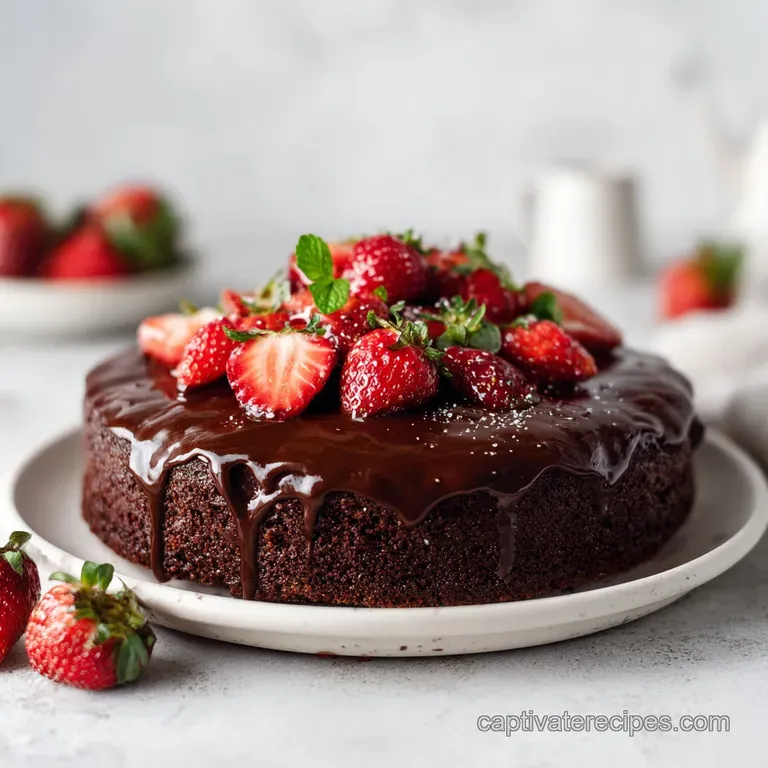 Slice of chocolate cake with strawberries; chocolate shavings on a white plate. Visible moist crumb, decadent filling, fre...