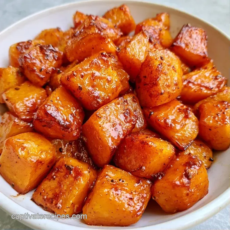 Vibrant orange squash cubes arranged neatly on a dark slate plate, dusted with cinnamon and fresh green parsley.
