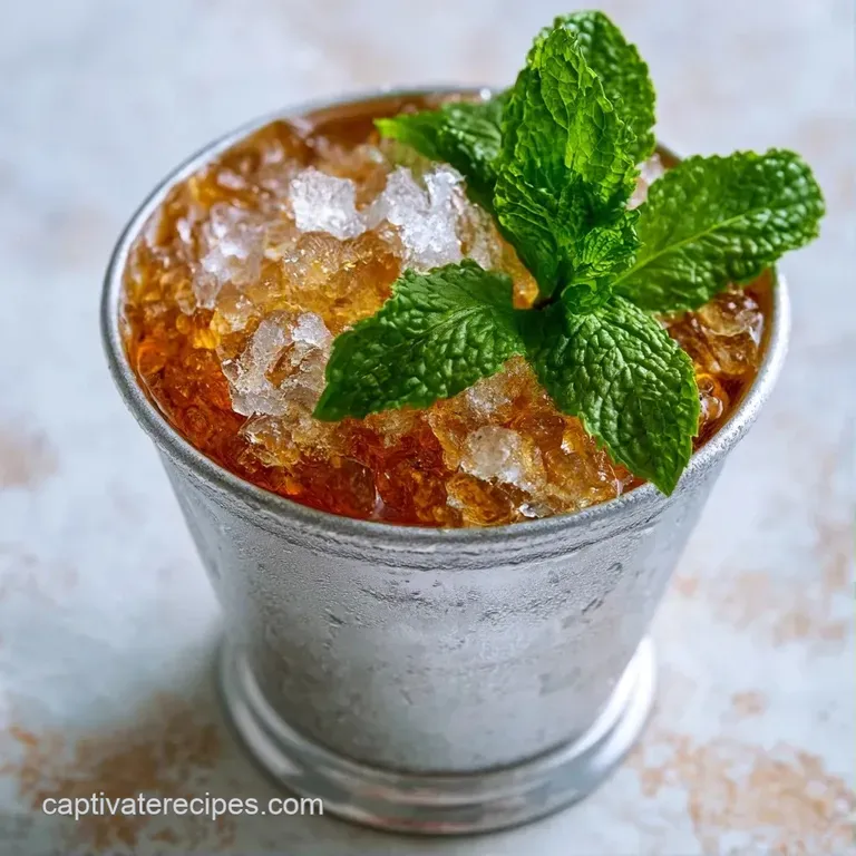 Elegant frosted silver goblet with glistening crushed ice and mint leaves set against a soft, warm wooden background.