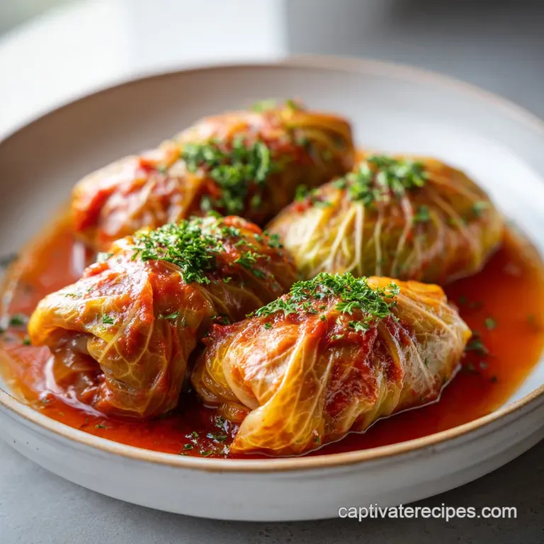 A glistening cabbage roll, stuffed with seasoned ground beef, sits atop a pool of vibrant tomato sauce, garnished with fre...