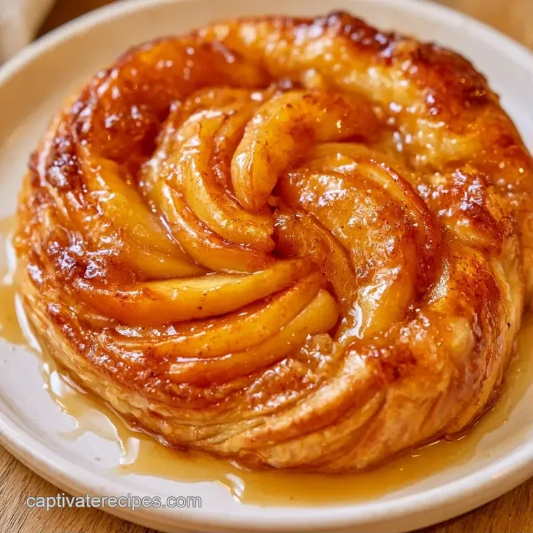 A thin slice of glazed apple tart on white porcelain with a dollop of whipped cream and a fresh mint leaf.