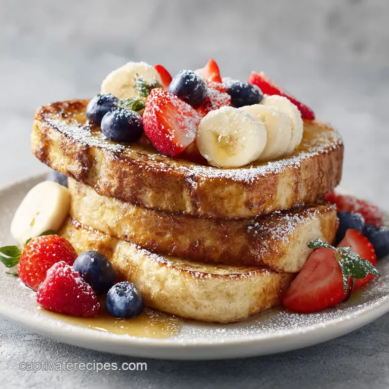 Elegantly stacked French toast, glistening with maple syrup, topped with fresh berries and a sprig of mint.