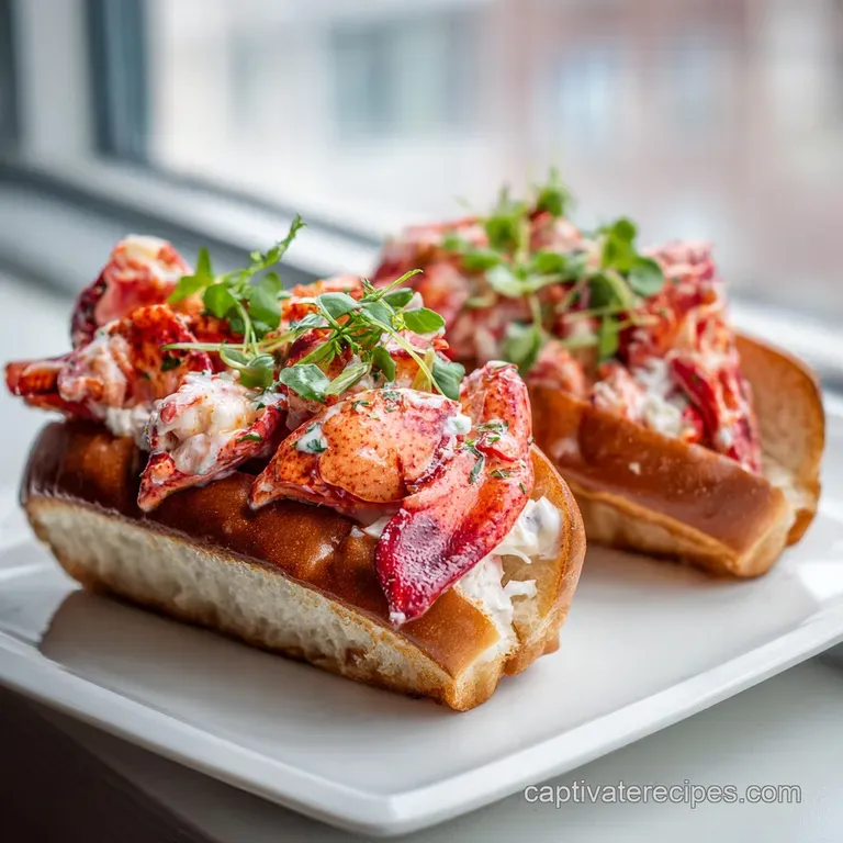 A perfectly chilled lobster roll, split in half, served on a rustic wooden board with a side of seasoned fries.