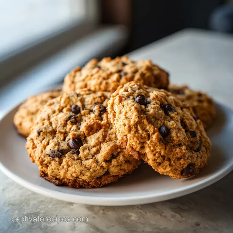 A stack of thick, rustic peanut butter cookies arranged artfully on a white plate.