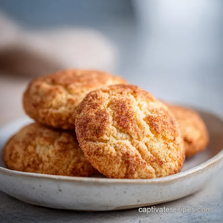 Three plump snickerdoodle cookies stacked artfully, glistening with cinnamon sugar, on a rustic ceramic plate.