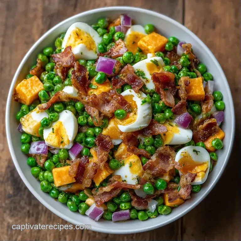 Vibrant green peas and savory brown bacon bits in a creamy glaze, served in a shallow white bowl on a linen cloth.