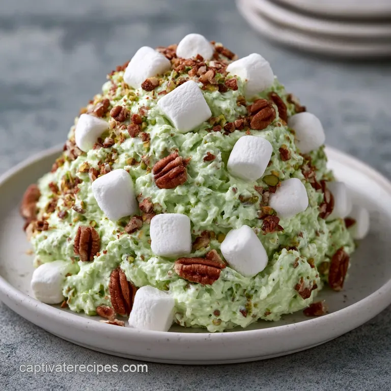 A chilled scoop of creamy, pale green dessert with white marshmallow bits served on a minimalist white porcelain plate.