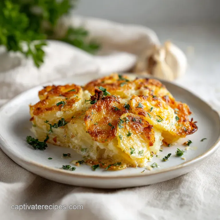 A perfectly baked potato gratin in a rustic ceramic dish, with hints of melted cheese.