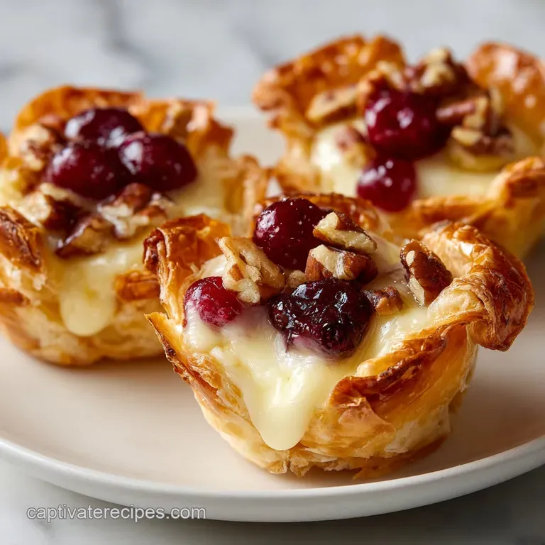Golden pastry appetizers with gooey white cheese and ruby red jam arranged on a marble platter with rosemary.