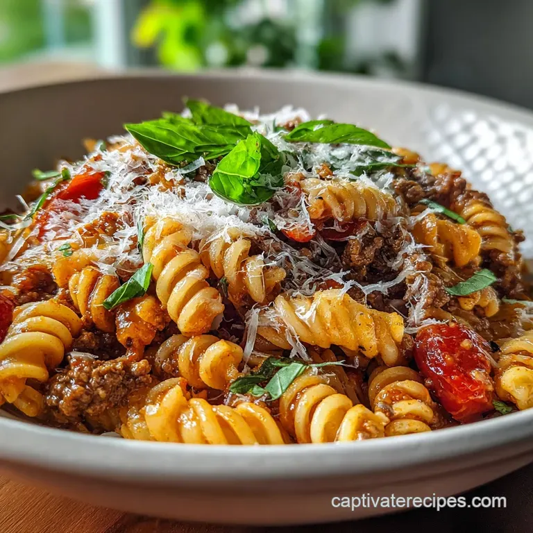 Creamy beef pasta twirled on a plate, topped with fresh parsley and Parmesan. Rich, glossy sauce coats every strand.