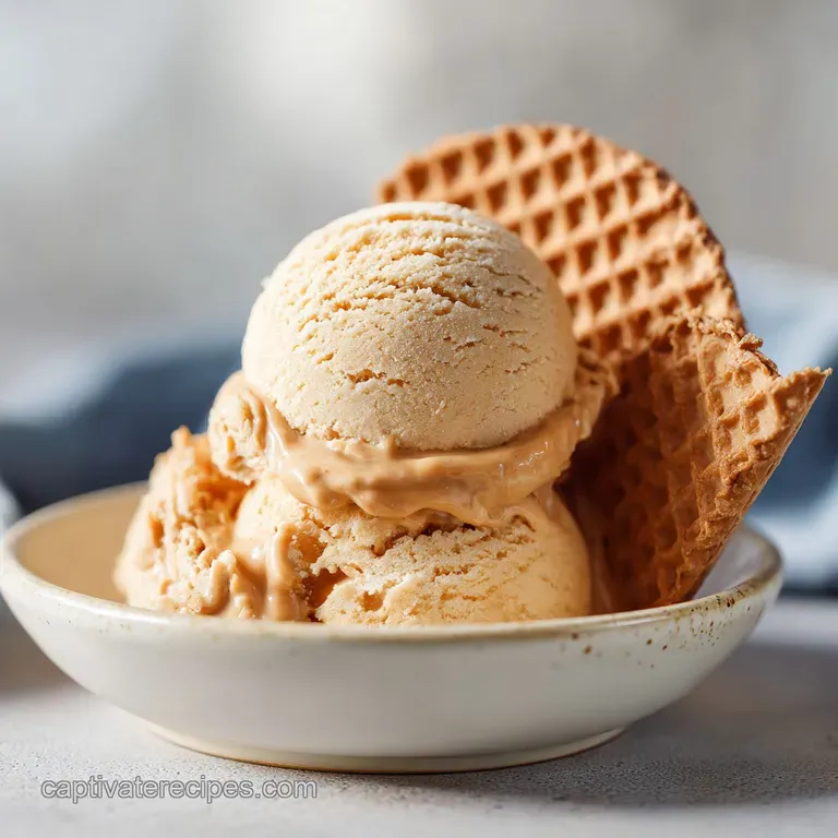 A scoop of smooth Biscoff ice cream in a clear glass bowl, drizzled with caramel and sprinkled with crushed cookies.