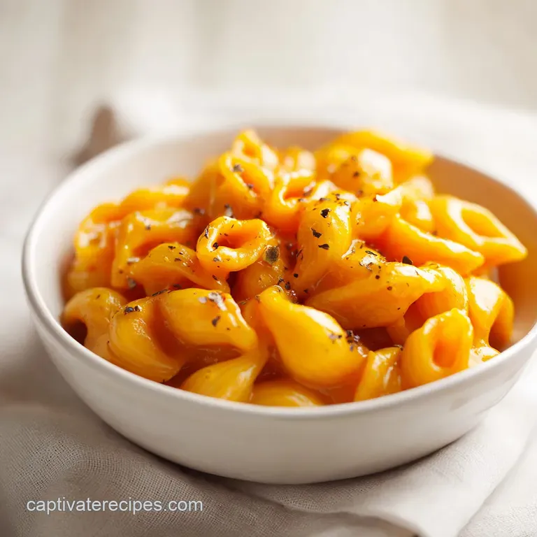 A swirl of creamy butternut squash pasta on a white plate, garnished with toasted pumpkin seeds and a drizzle of olive oil.