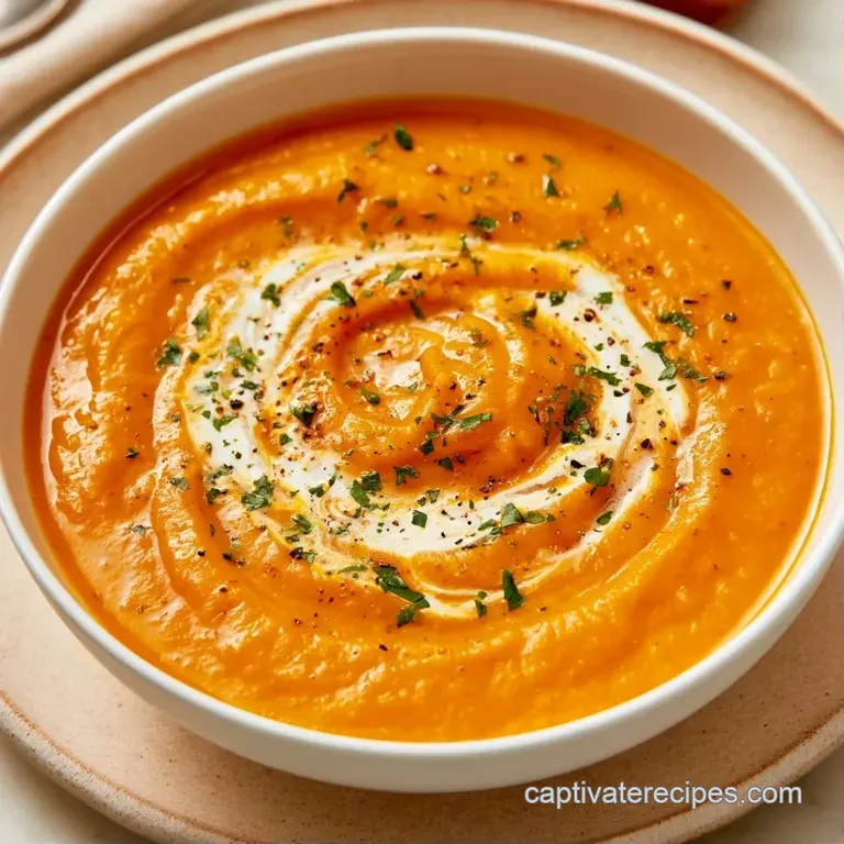Vibrant orange soup in a white ceramic bowl with a swirl of white cream and a sprig of fresh thyme on top.