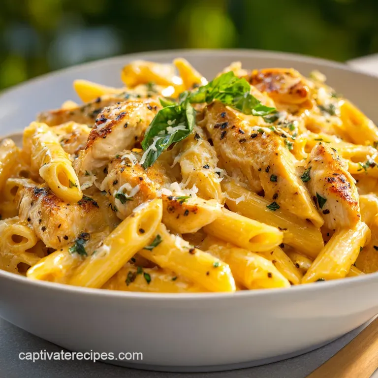 Elegant plate of chicken penne pasta, creamy sauce clinging to each piece. Sprinkled with herbs for vibrant color and fres...