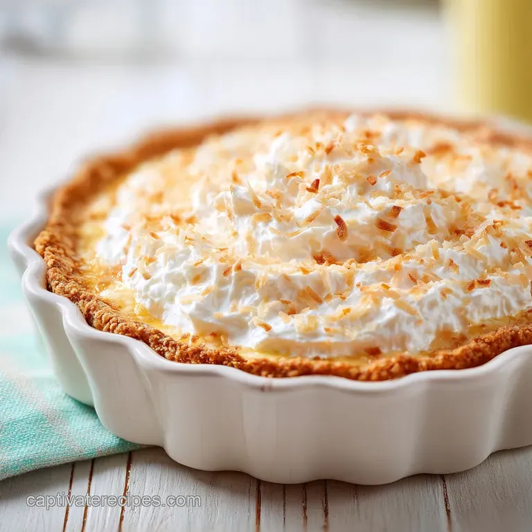 A slice of creamy coconut pie on a white plate, garnished with a swirl of whipped cream and mint.